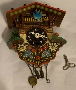 Vtg Abraham & Straus German Made Miniature Chalet Cuckoo Clock W/ Bluebird & Key
