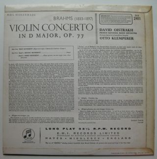 SAX 2411 Brahms Violin Concerto in D Major Oistrakh UK Columbia LP Stereo ♫ 2