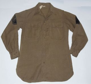 Vintage Wwii Us Army Wool Shirt With Gas Flap Shape Sgt Patches 14 1/2x31