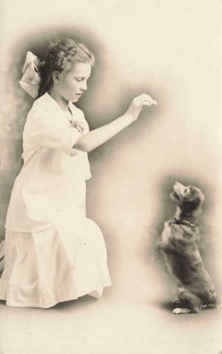 Vintage 1916 Rppc Identified Girl Teaching Her Dog A Trick Photo Postcard