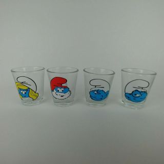 Set Of 4 Smurf Shot Glasses Papa Smurfette Brainy Hefty Peyo 2011 K5
