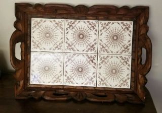 Vintage Large Mexican Talivera Tile And Hand Carved Wood Tray Brown Beige 11 " 15
