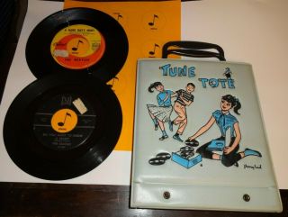 Vintage Ponytail Tune Tote Blue Record Carry Case Includes 2 Beatles 45 