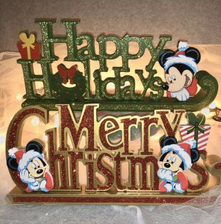 2 Wooden Stand Up Glitter Christmas Holiday Sign Disney Mickey Minnie Christmas