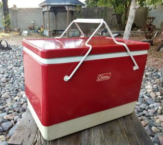 Vntg 11 Gallon Red Metal Coleman Cooler With Folding Handles & Tray Dated 6/75