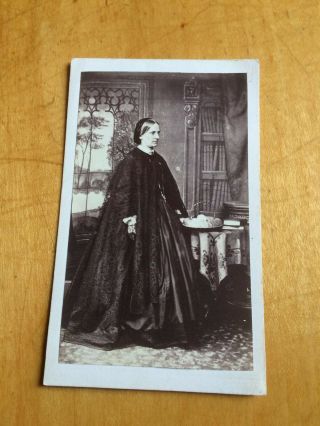 Victorian Cdv: Lady Wearing Dress With Hooped Skirt And Long Cape
