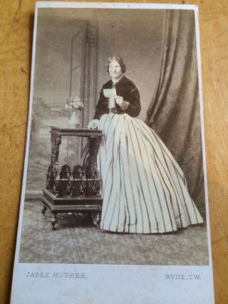 Victorian Cdv: Lady Wearing Dress With Striped Skirt: I.  O.  W.  Studio