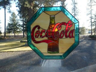 Coca Cola Stained Glass Window Hanging,  13 " Diam,  Red,  Brown,  Green,  Gorgeous