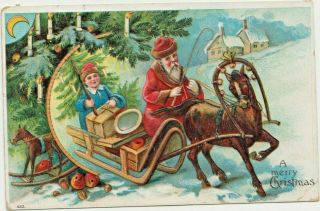 Antique 1907 Postcard - Santa On Horse & Sleigh With Child & Toys Moon Embossed