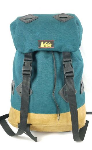 True Vintage Rei Forest Green Backpack 19 " Tall W/ Leather Base Usa Made