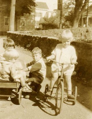 N852 Vtg Photo Children Playing Tricycle And Wagon,  Rock Wall C Early 1900 