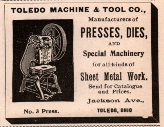 1896 Ad Toledo Machine And Tool Co Presses Dies Sheet Metal Work