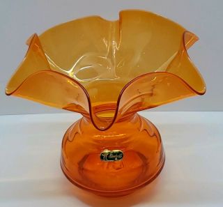 Vtg Bischoff Hand Crafted Orange Art Glass Flower Vase Bowl W/ Flare Ruffle Top