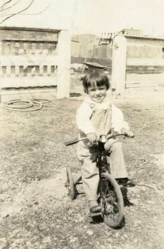 Cc339 Vtg Photo Girl In Overalls On Her Tricycle C 1940 