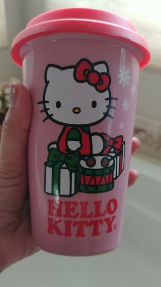 Sanrio Hello Kitty Pink Ceramic 16 Ounce Mug Lid Travel Cup 2013 Xmas Edition