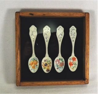 4 Lovely Floral Porcelain Spoons Hand Crafted Wood Framed W/ Glass By Dick Brown