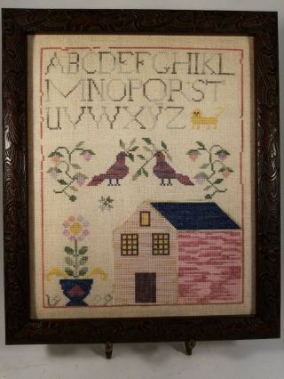 Vintage Aidaworks Texas " House & Birds " Cross Stitch Alphabet Sampler.  Framed.