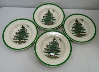 Set Of 4 Vintage Spode Christmas Tree Rimmed Soup Bowl England Green Trim 7 - 5/8”