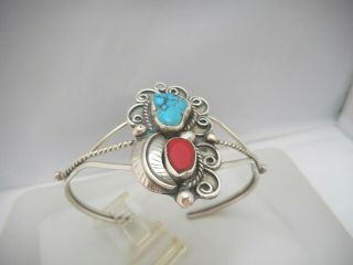 Vintage Navajo Sterling Silver Turquoise And Coral Cuff Bracelet - Unsigned