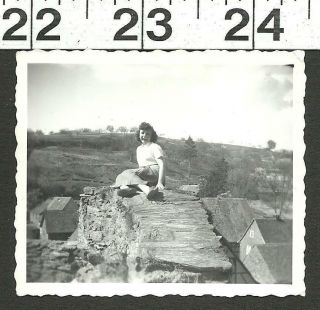 Vintage Old B&w Photo Cute Girl On Stone Wall In Germany Note On Back 3035
