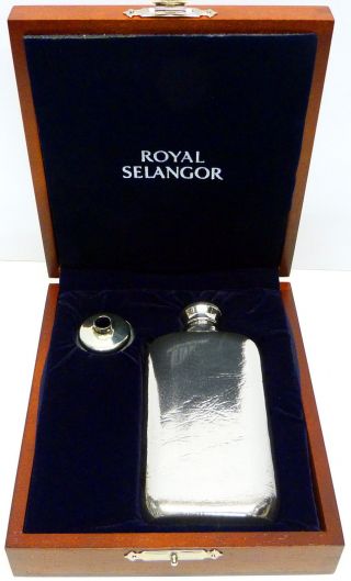 Royal Selangor 3oz Pewter Hip Flask In Deluxe Wooden Gift Box Withfree Engraving