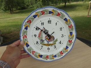 Vintage Quimper Le Coq Rooster Wall Clock Plate Battery Operated