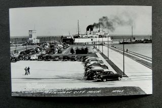 1948 Mackinaw City Mi Michigan Postcard Ferry Boat,  Vintage Cars Rppc