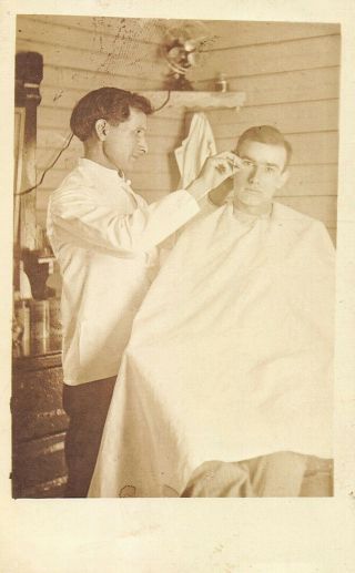 Vintage Old C.  1919 Rppc Real Photo Postcard Of Barber Cutting Handsome Man Hair