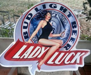 Budweiser Vintage Beer Bud Light Lady Luck Sign Anheuser Bar Tin Advertising