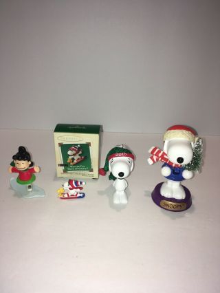 Lot; 3 Peanuts Ornaments And 1 Figurine; W/hallmark 2002 Winter Fun With Snoopy