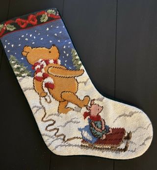 Winnie The Pooh And Piglet Needlepoint And Velvet Christmas Stocking 19 " Diag.