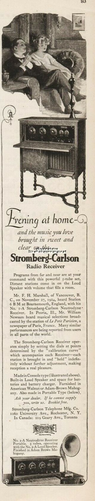 1925 Stromberg Carlson Rochester Ny Model No 1 - A Radio Receiver 2 - A Speaker Ad