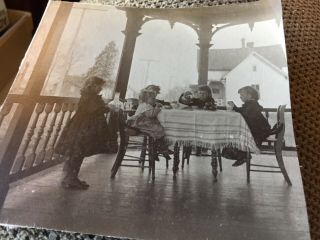Vintage 5 Little Girls Having A Tea Party On There Front Porch Photo
