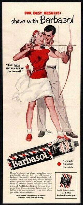 1950 Barbasol Shaving Cream - Archery - Bow & Arrow - Pretty Woman Vintage Ad