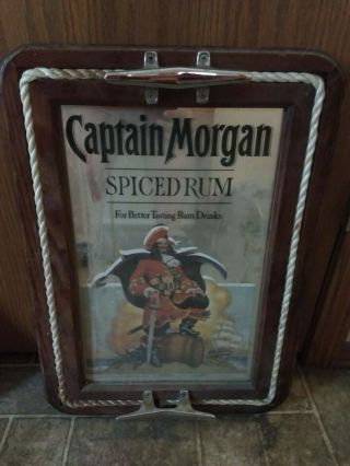 Captain Morgan Spiced Rum Mirror Sign Tray W/ Rope & Wooden Frame