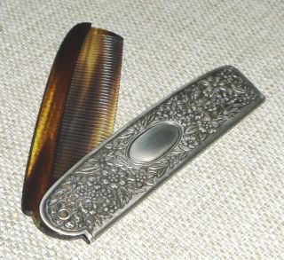 Vintage Sterlin Silver Folding Comb Gorham Germany Sign Faux Tortoise Shell 389f