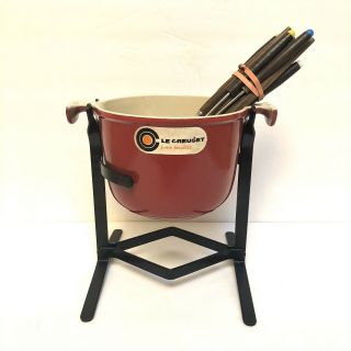 Le Creuset Vintage Cast Iron Red Pot Fondue Set Forks Stand