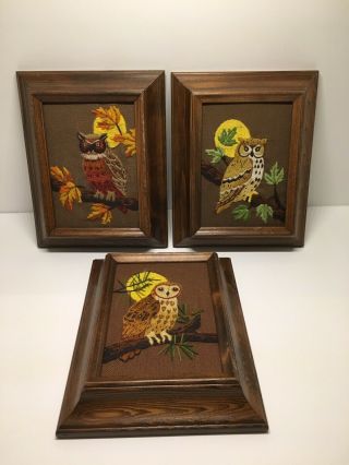3 Vintage Owl Crewel Needlework Wall Art Frames