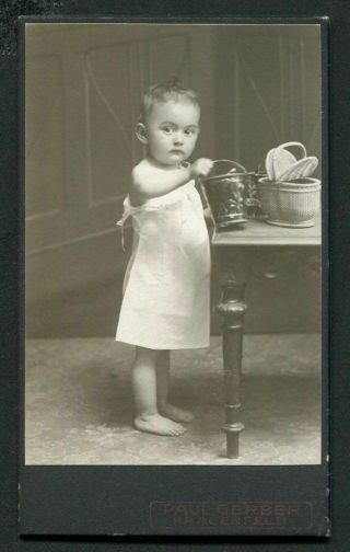 Antique Cdv Photo Sweet Barefoot Little Girl W Toy Pail Germany