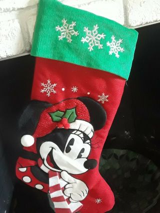Disney Minnie Mouse With Striped Scarf Embroidered Snowflake Christmas Stocking
