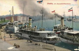 Poland,  Szczecin Stettin,  Harbour Scene With German Steamers (1910s) Postcard