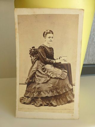 Antique Cdv Cabinet Photo Young Woman W Book At Table Pretty Dress Rockford Il