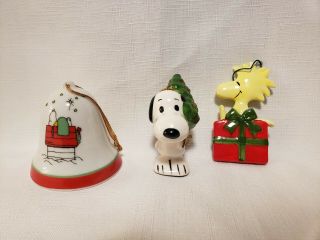 3 Vintage Peanuts Snoopy & Woodstock Ceramic Christmas Ornaments