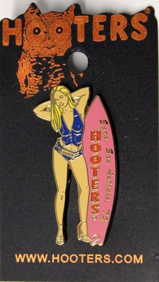 Hooters Sexy Blonde Calendar Girl Sara San Antonio Tx Texas Pink Surfboard Pin