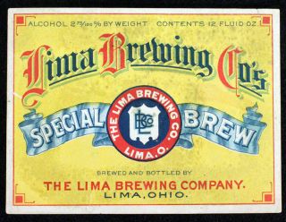 Lima Brewing Special Brew Pre - Pro Beer Label Pre - Prohibition Beer Ohio 1900 