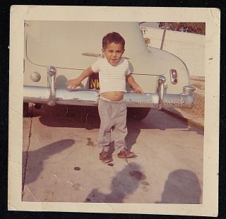 Vintage Photograph Cute Little Boy Leaning On Bumper Of Vintage Car Automobile