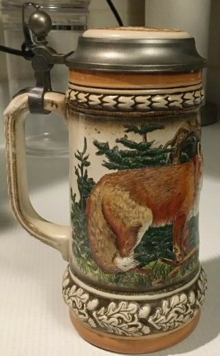 Gerz Beer Stein W/Mother Fox And Two Young Pups.  Made In West Germany. 3