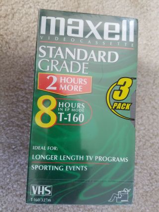 3 Pack Maxell Video Vrc Tape T160 Standard Grade Cassette 8 Hour Recorder