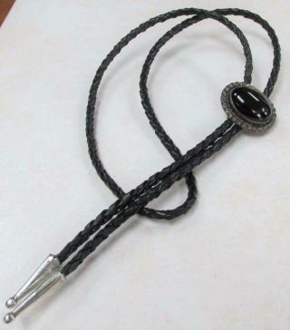 Vintage Black Onyx Sterling Silver Leather Bolo Tie Clasp 35 " 1 - A2006