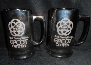 2 Vintage Walt Disney World Epcot Center Glass Mug Stein Silver Mirrored Cup